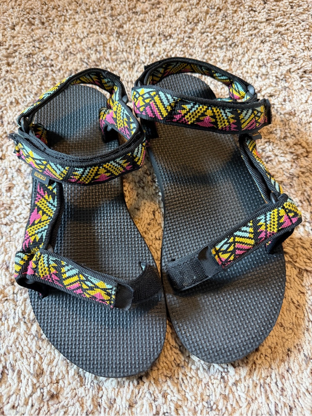 Teva Black Sandals with Yellow and Pink Aztec Straps